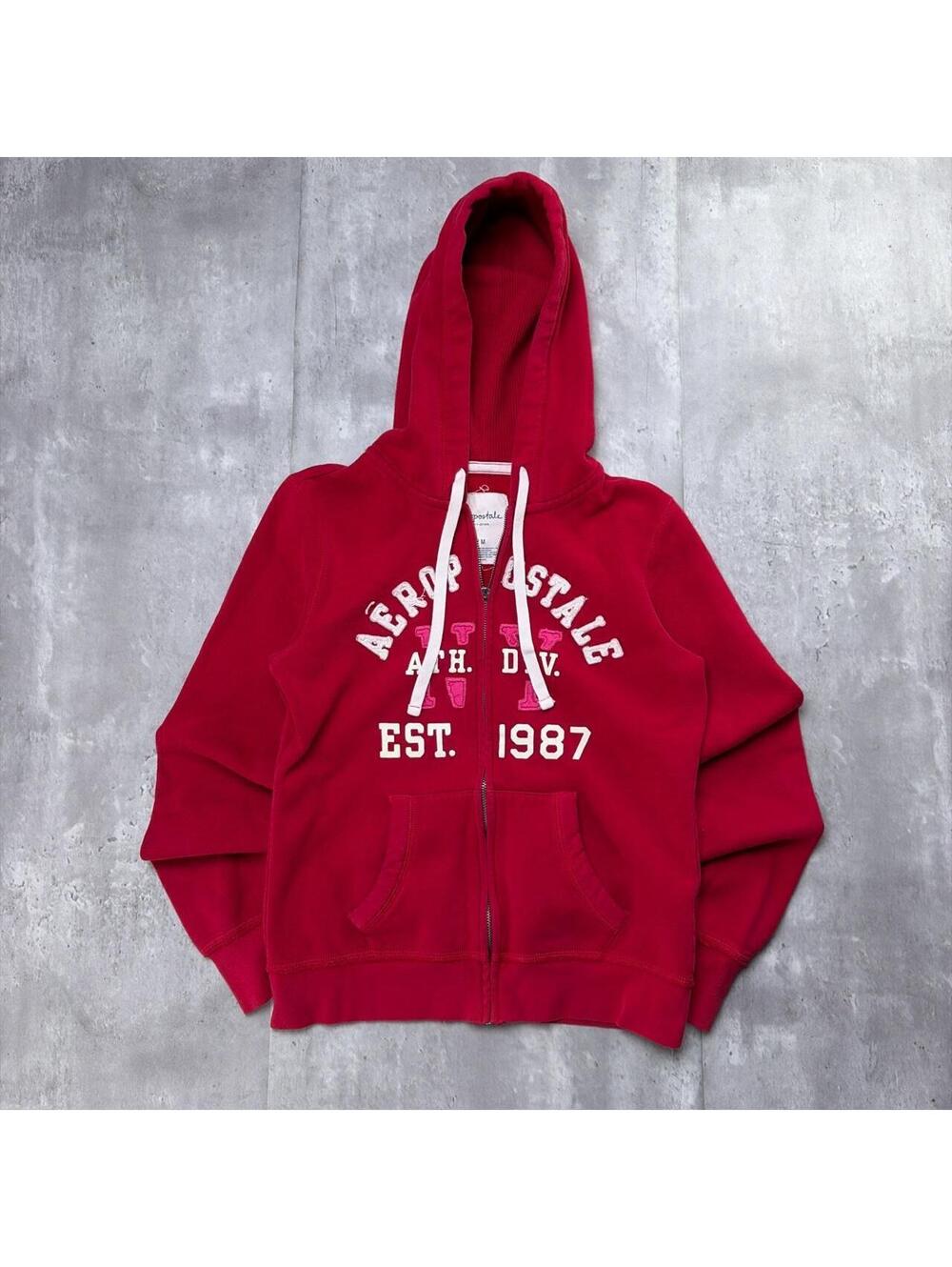 Y2K Red Aeropostale Grunge Skater Distressed Thermal Zip Up Hoodie